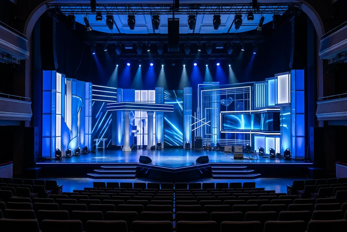 Ornate indoor stage setup with bright blue/white lighting
