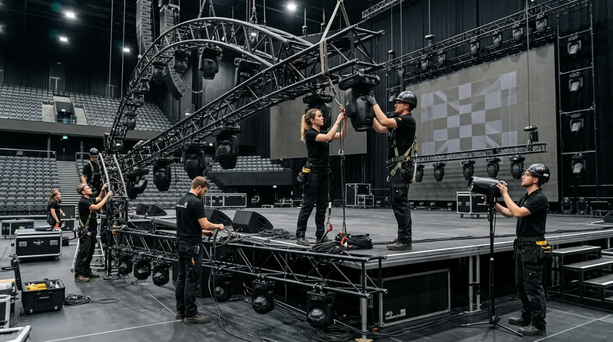 Crew setting up stage and lighting equipment.
