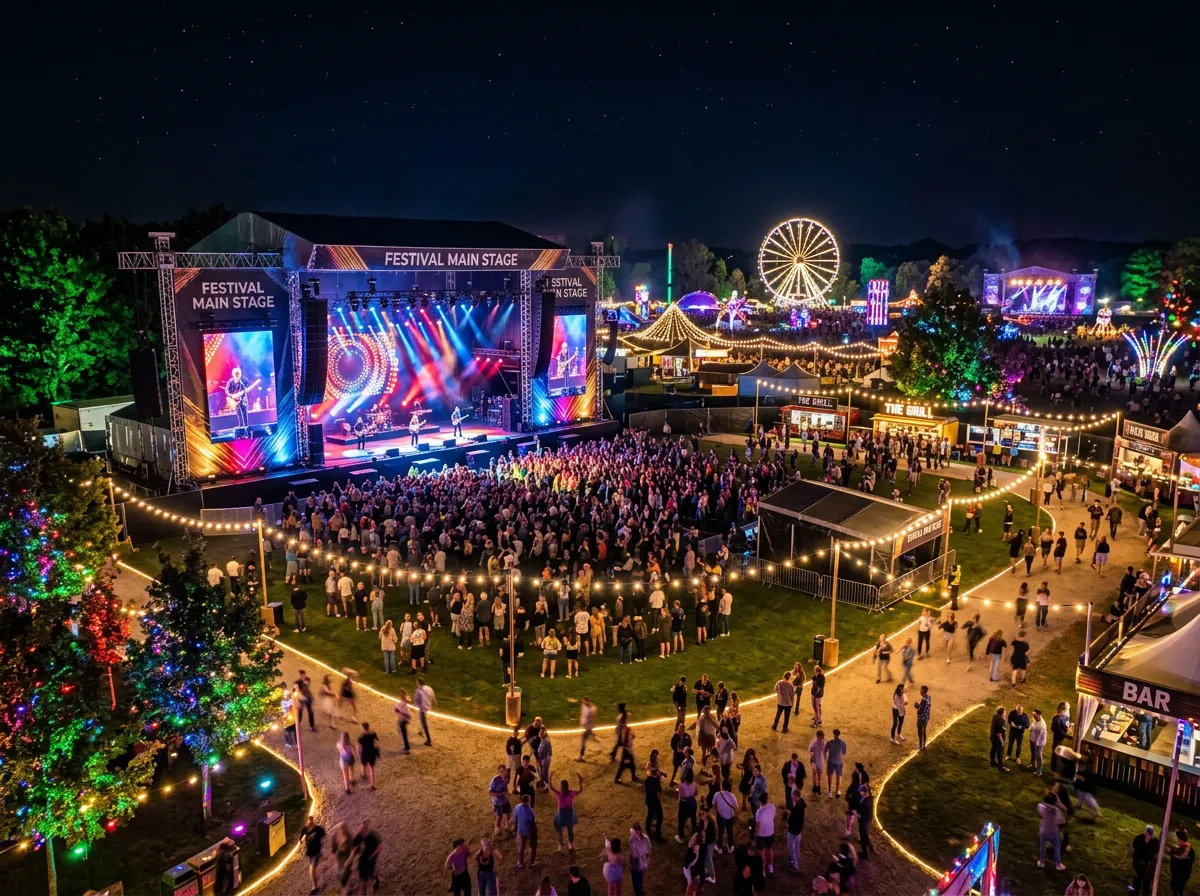 Elaborate outdoor festival setup at night with decorative lighting and a large stage.