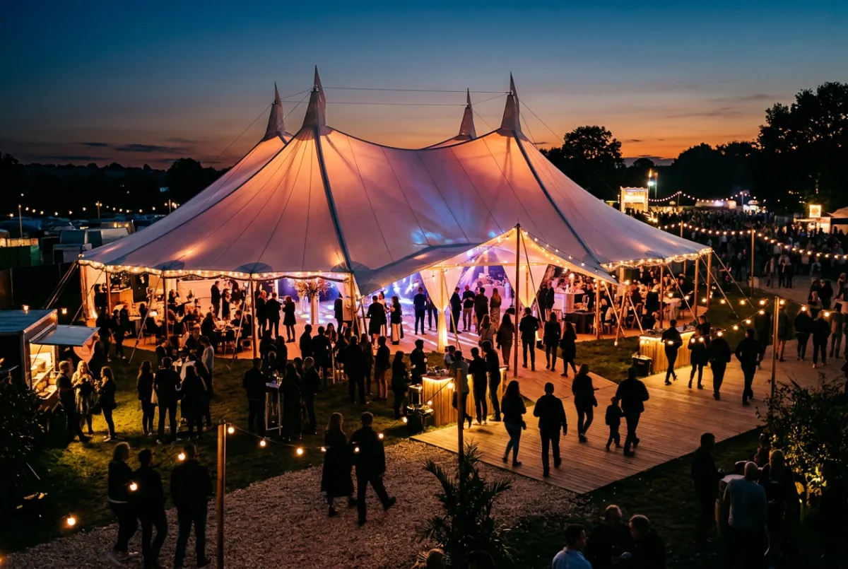 A large outdoor festival or seasonal event tent beautifully lit at dusk with silhouettes of people gathered.