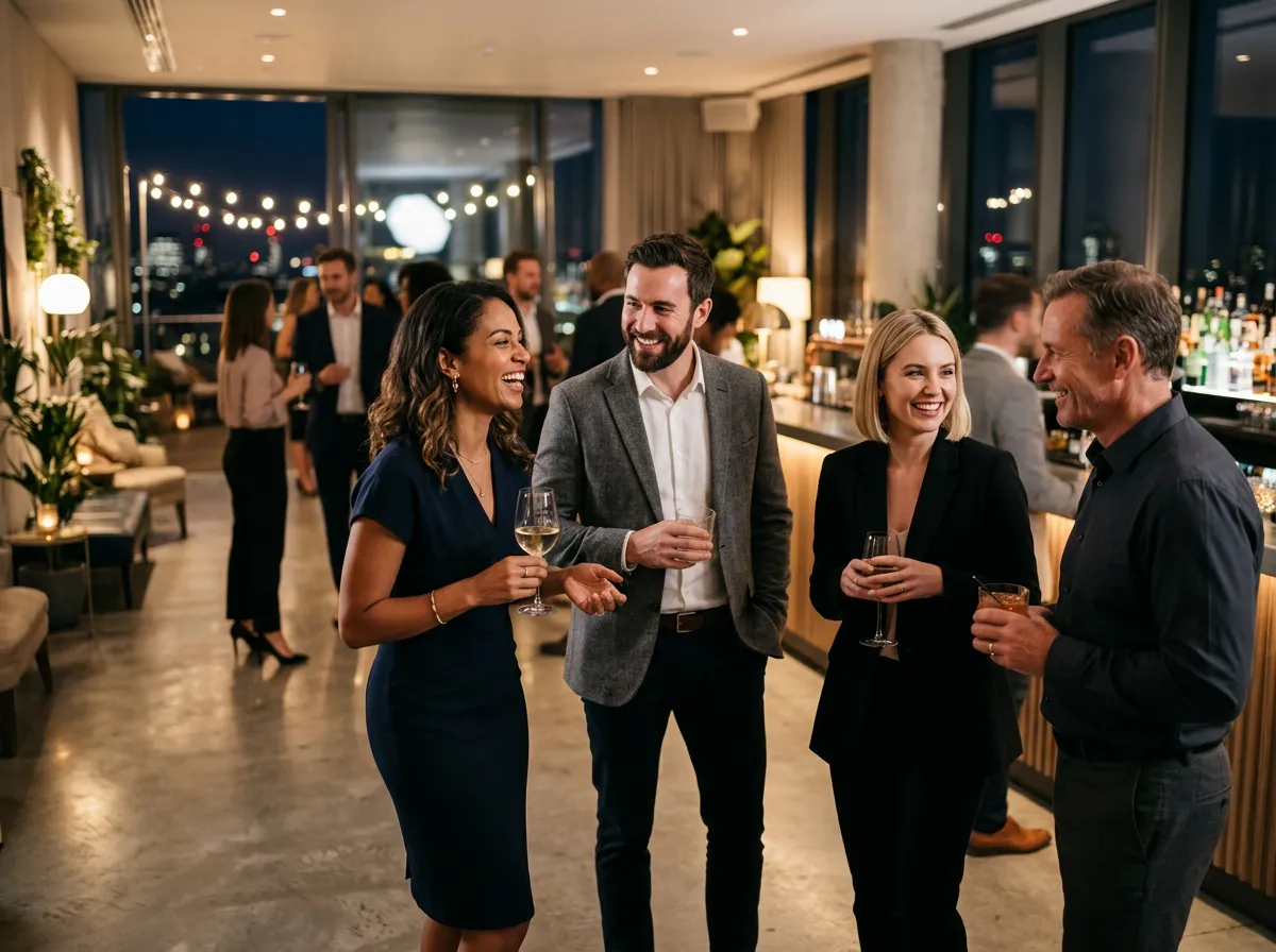 Guests interacting at a party.