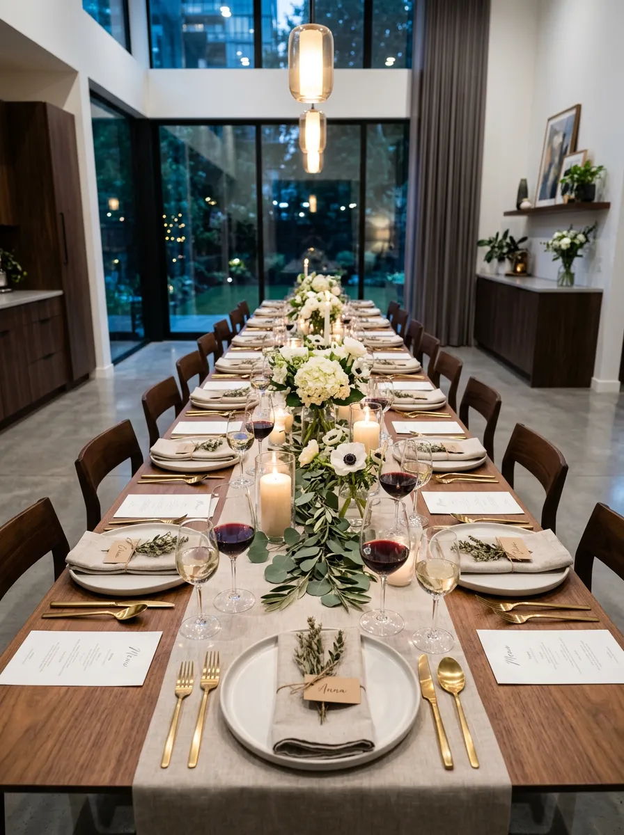 Long, beautifully set dining table for a private dinner.