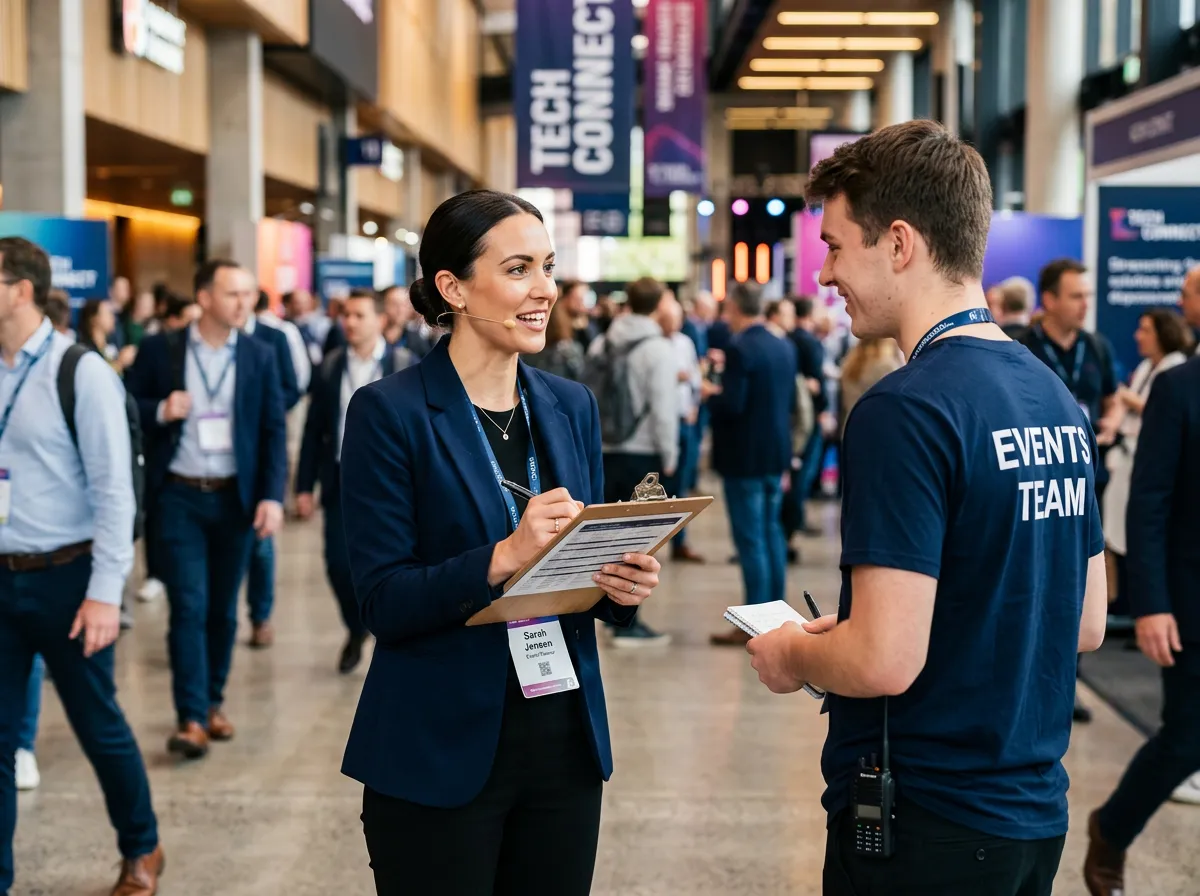Professional female event planner holding a clipboard, speaking to a staff member with 'EVENTS TEAM' printed on his shirt at a busy event.