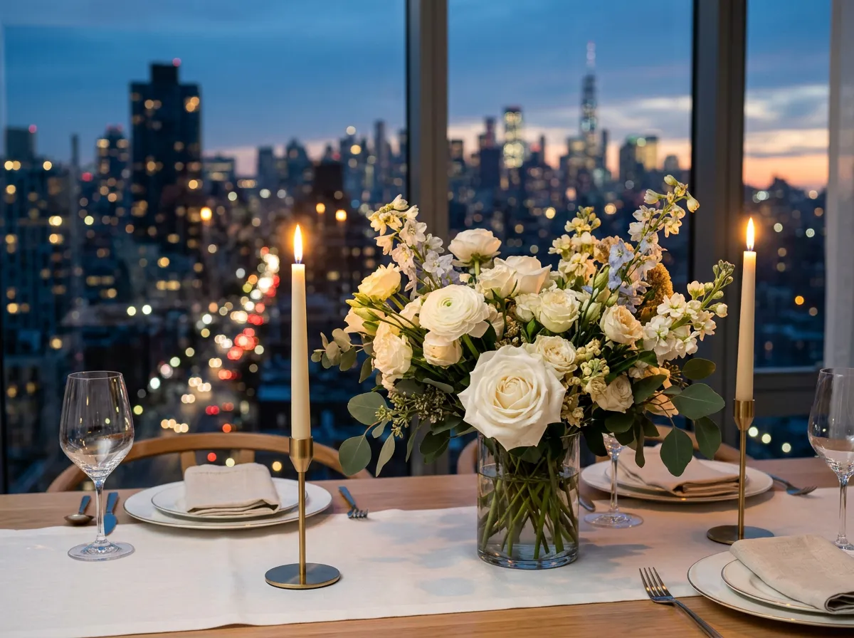 Close-up of elegant floral arrangements and lit candles on a dining table, with an out-of-focus city skyline in the background during twilight.