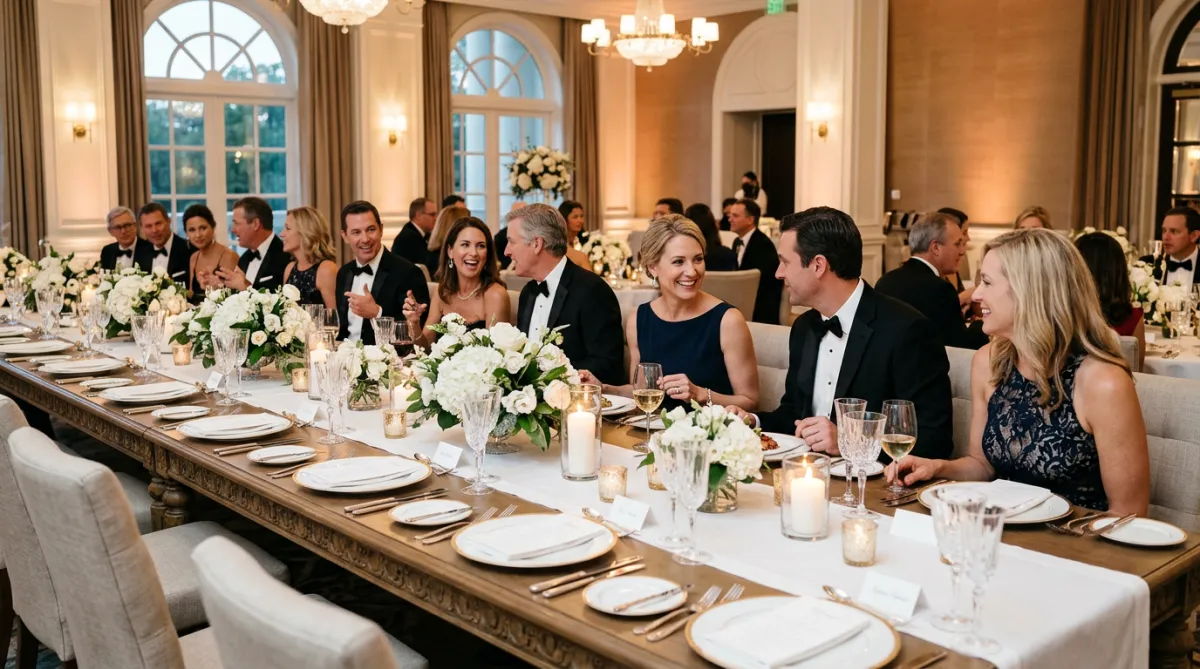 A larger group of guests seated at a formal, elegantly decorated banquet table.