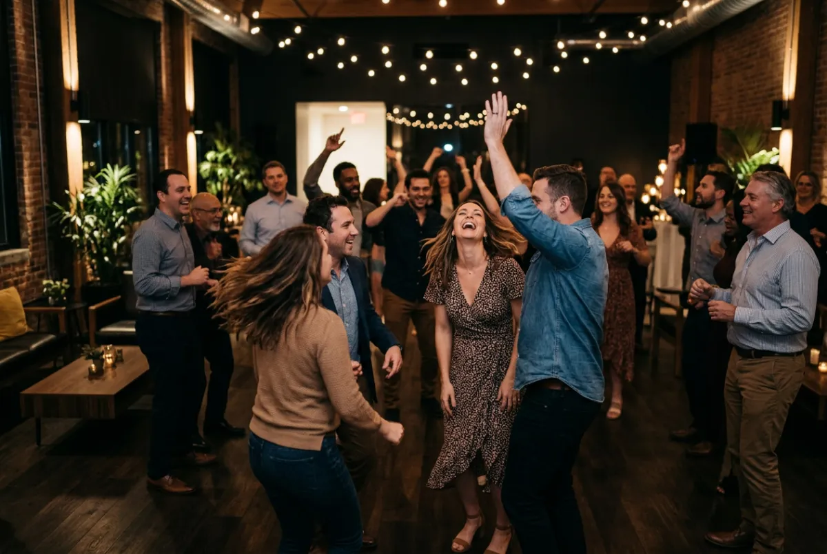 Group of people dancing and celebrating indoors in low light