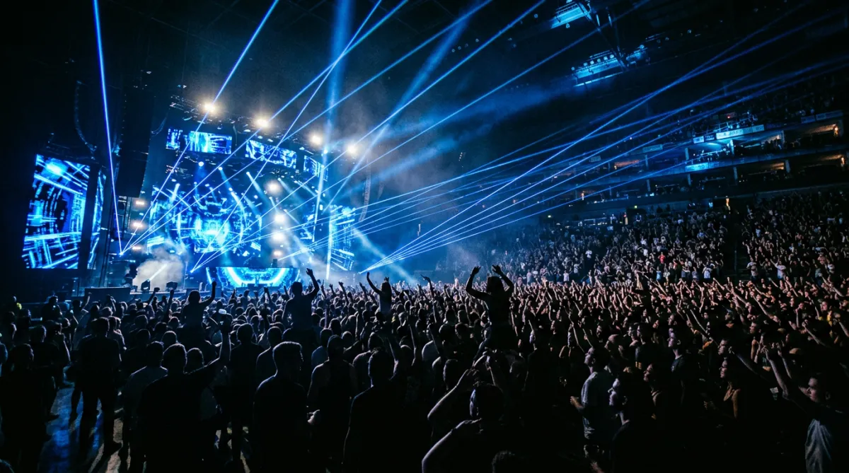 High-energy event experience with blue laser lights and silhouettes of people
