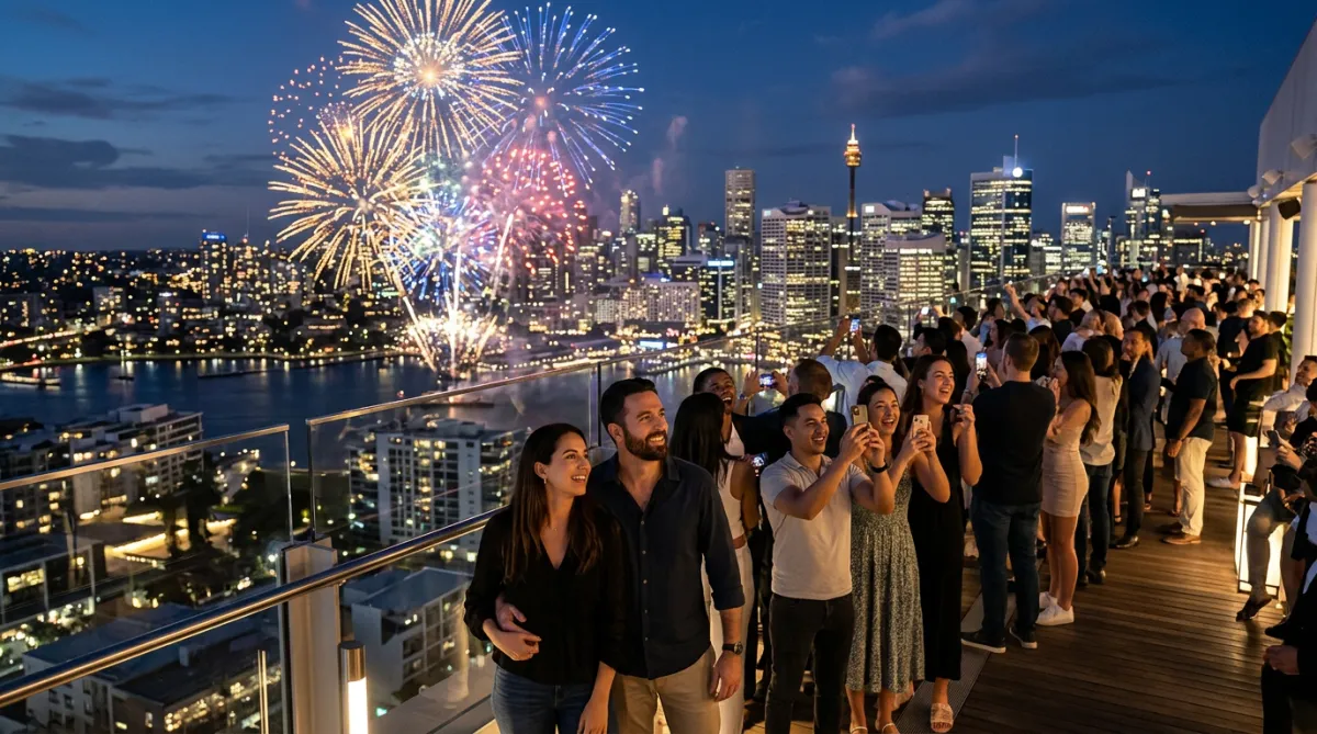 People at an outdoor evening event watching fireworks over a city skyline