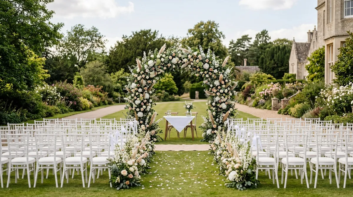 Elegant outdoor wedding setup with floral arches and white chairs