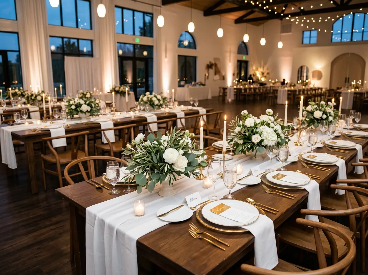 Tables set for a wedding reception indoors.