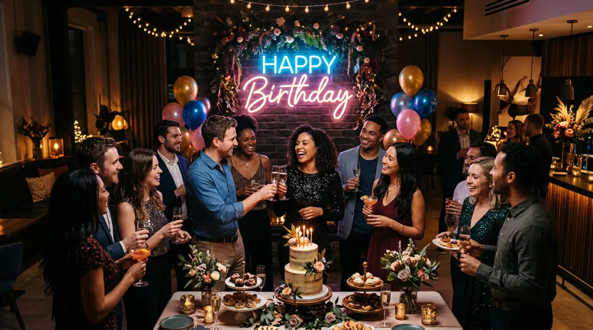A birthday party with neon 'Happy Birthday' sign and guests gathering.