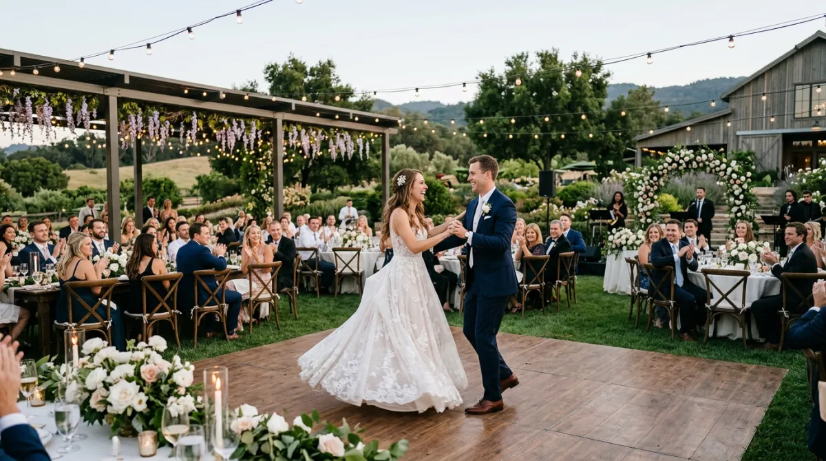 Bride and groom dancing outdoors surrounded by seated guests.