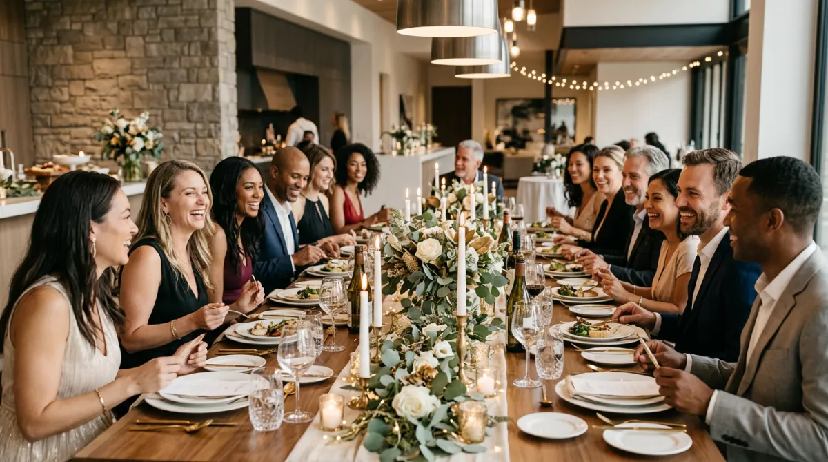 Group of people dining at a long table with elegant festive decor
