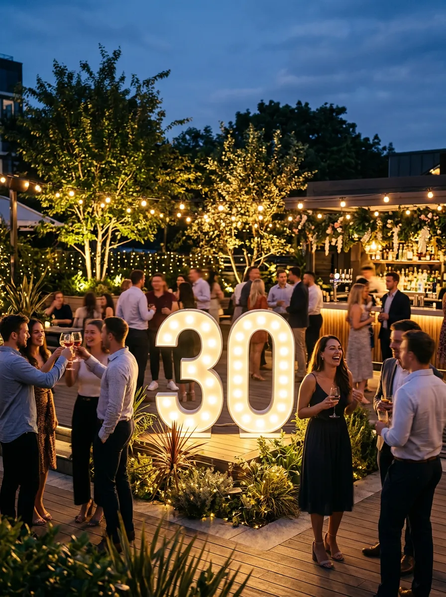 Large glowing '30' numbers at an outdoor party with guests.