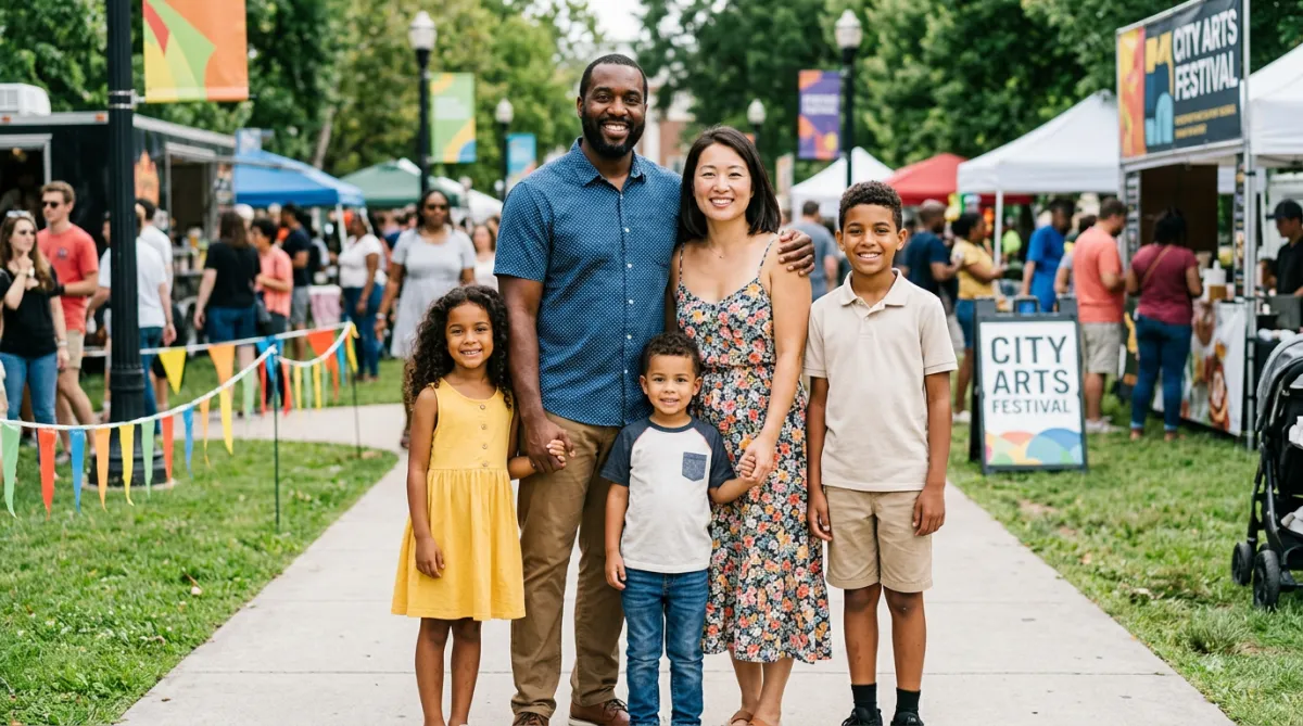 Family posing together at a daytime outdoor event.