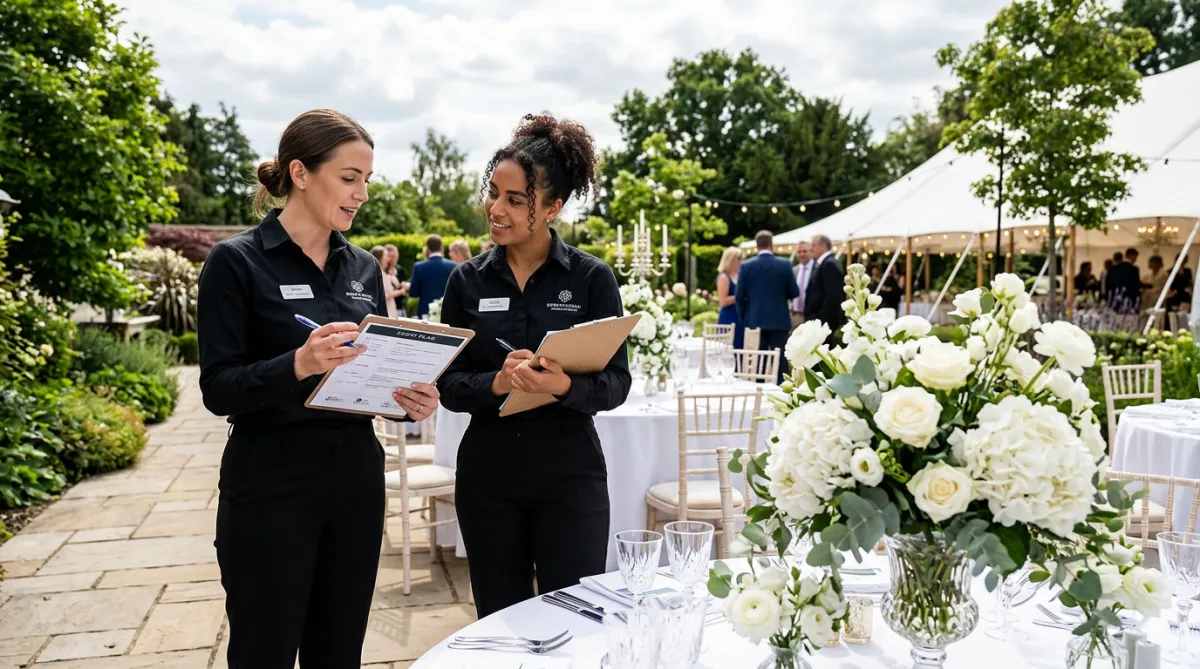 Two event staff members in black uniforms discussing plans outdoors, holding clipboards, with elegant white floral table centerpieces visible in the foreground.
