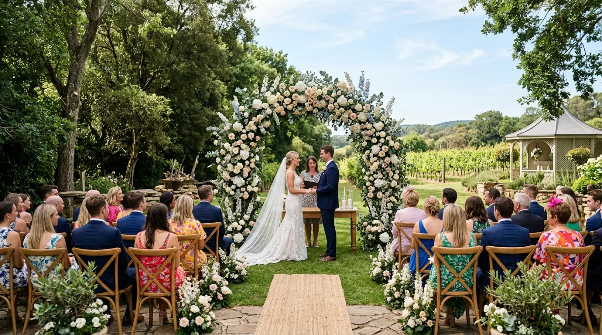 A wedding ceremony setup outdoors with floral archway and guests.