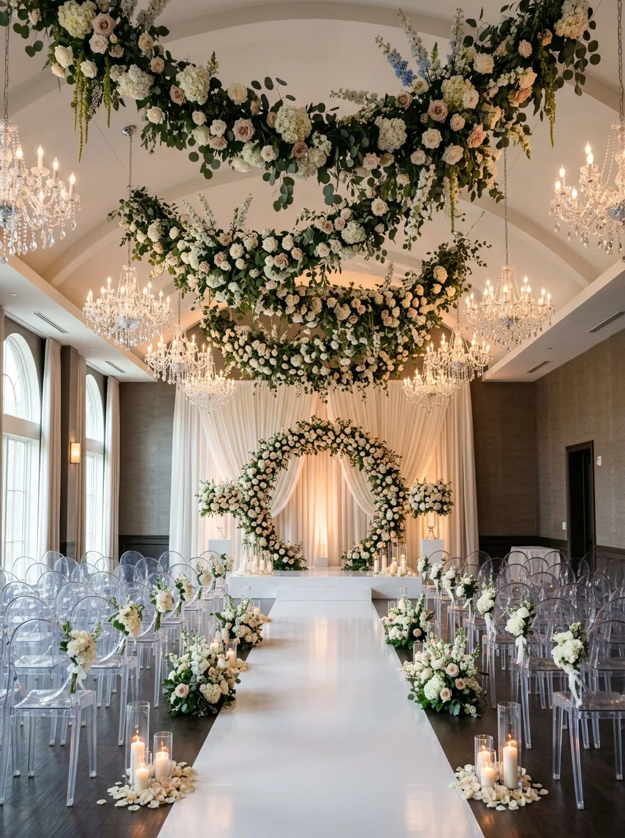 Romantic indoor wedding setup with hanging floral installations and chandeliers
