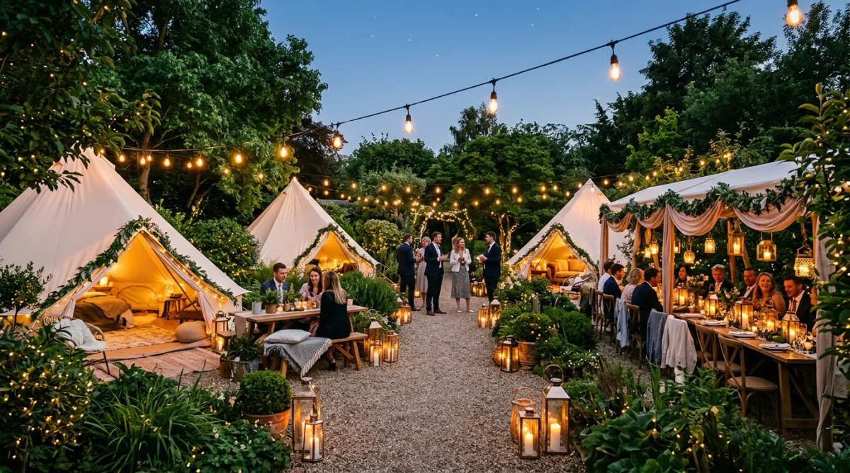 Festive outdoor setup with tents, lanterns, and lush greenery under warm lighting