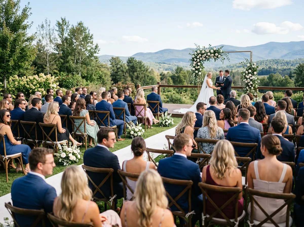 Guests seated outdoors at a wedding ceremony.