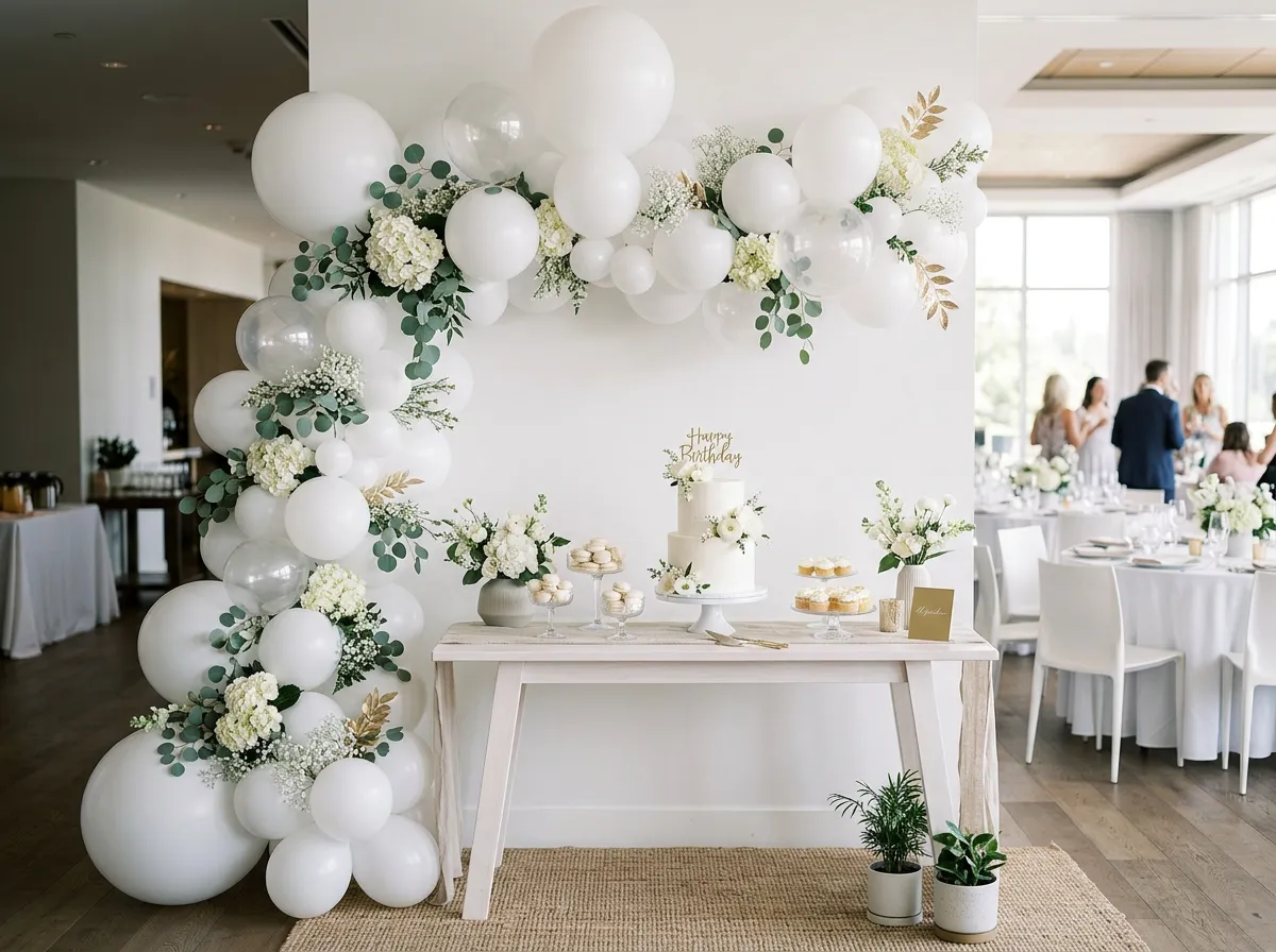 Decorations for a birthday with white balloons.