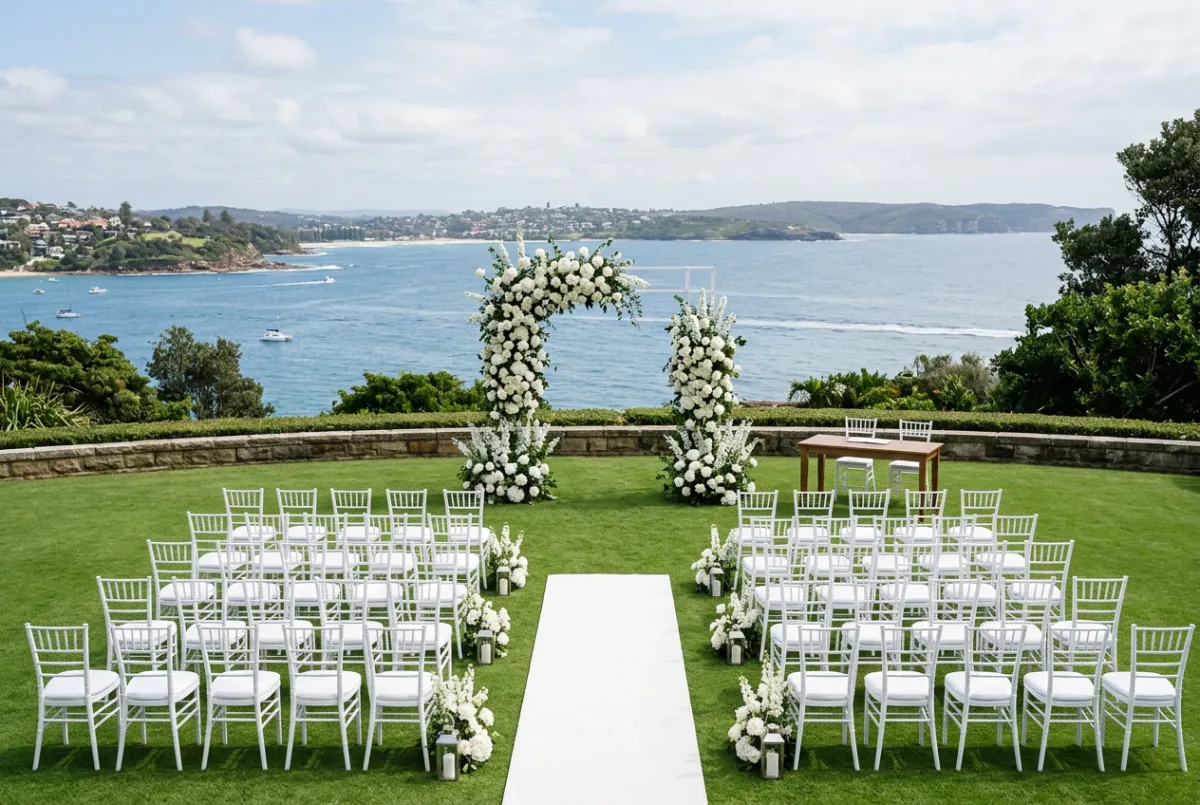 A picturesque outdoor wedding setup on a manicured lawn overlooking water, with white seating and floral arches.