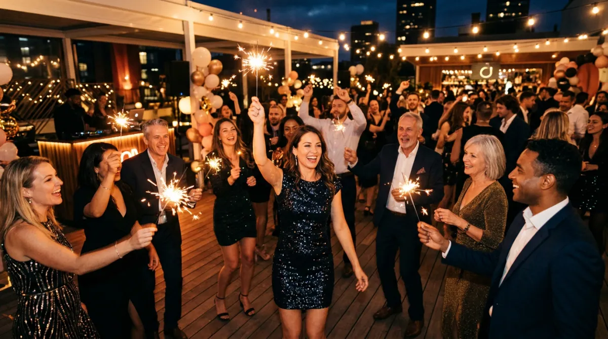 Lively evening birthday event with sparklers and guests dancing
