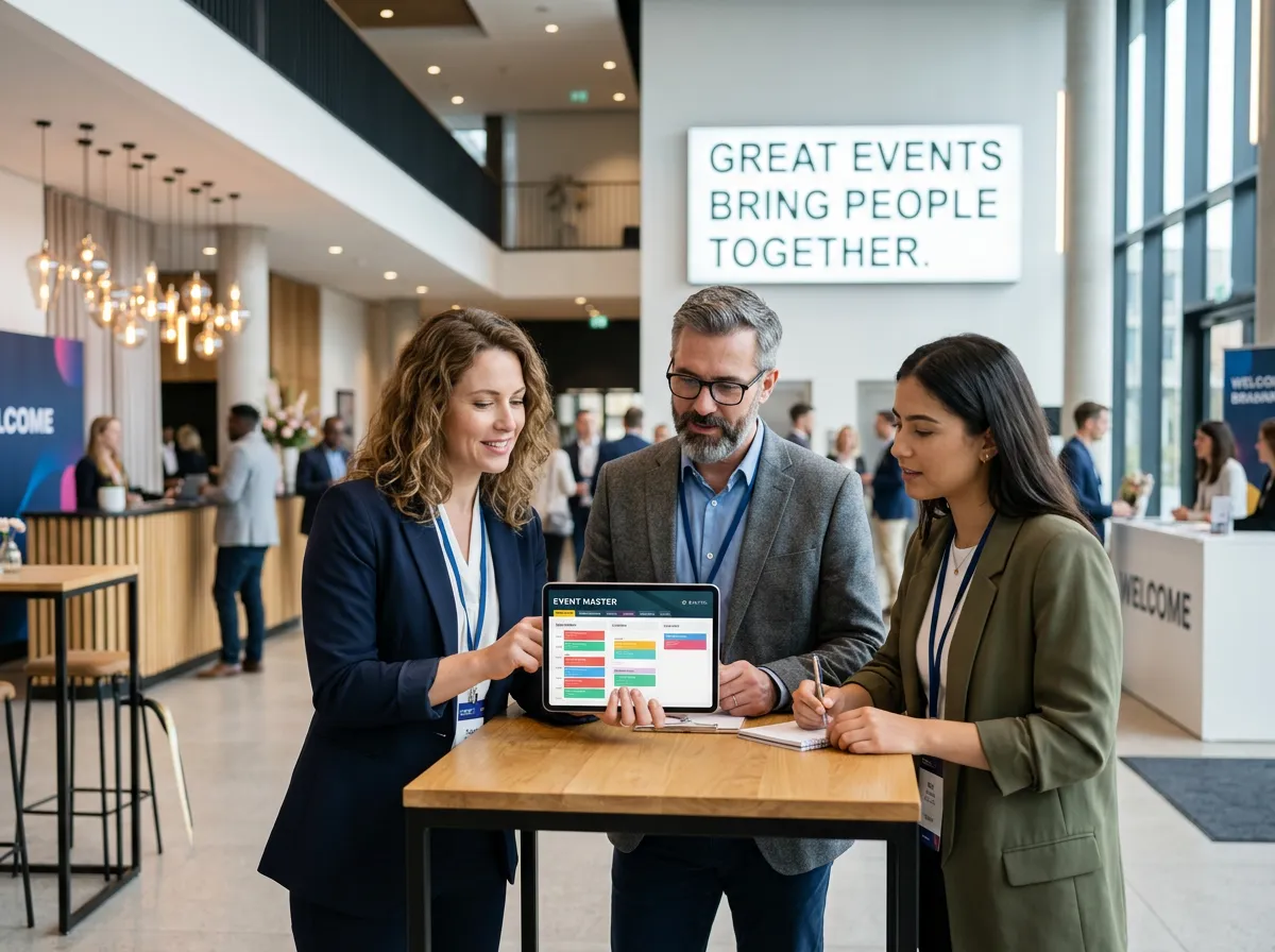 Event management professionals looking at a tablet in a well-lit event space, with Great Events Bring People Together sign visible