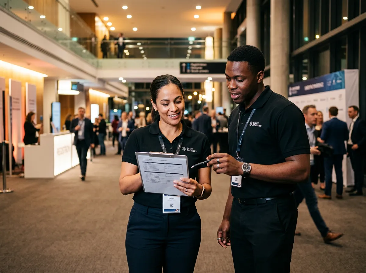 Two event staff members (one male, one female) in uniform looking at a clipboard in a lit venue