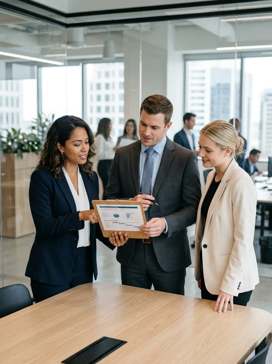 Two professional women and a man in a business setting looking over documents on a clipboard.