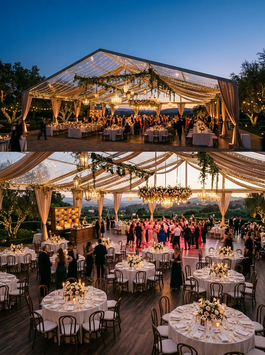 A very large, lavish outdoor setup under a tent structure with warm evening lighting.