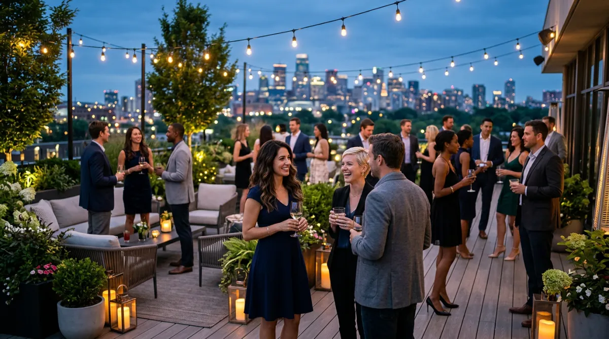 Guests mingling at an elegant outdoor evening gathering.