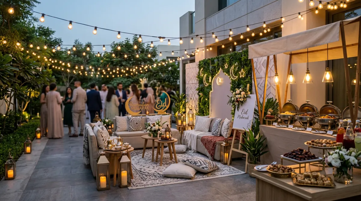 Ramadan & Eid event setup outdoors with warm lighting.