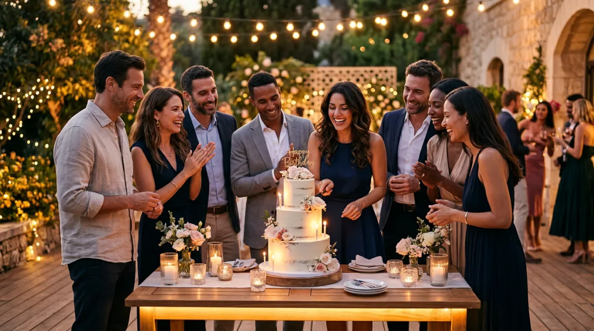 Guests gathering around a multi-tiered birthday cake at an outdoor evening event