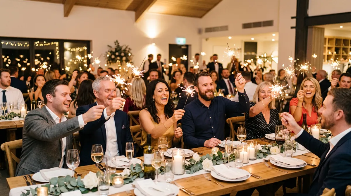 Guests at tables with sparklers.