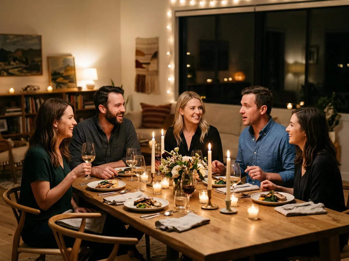 Intimate private dinner party with warm candlelight and guests engaged in conversation.