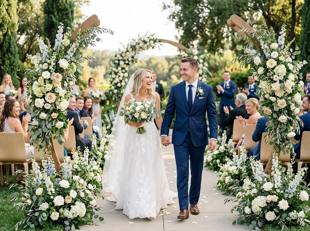 Bride and groom walking down an aisle framed by floral arches outdoors.