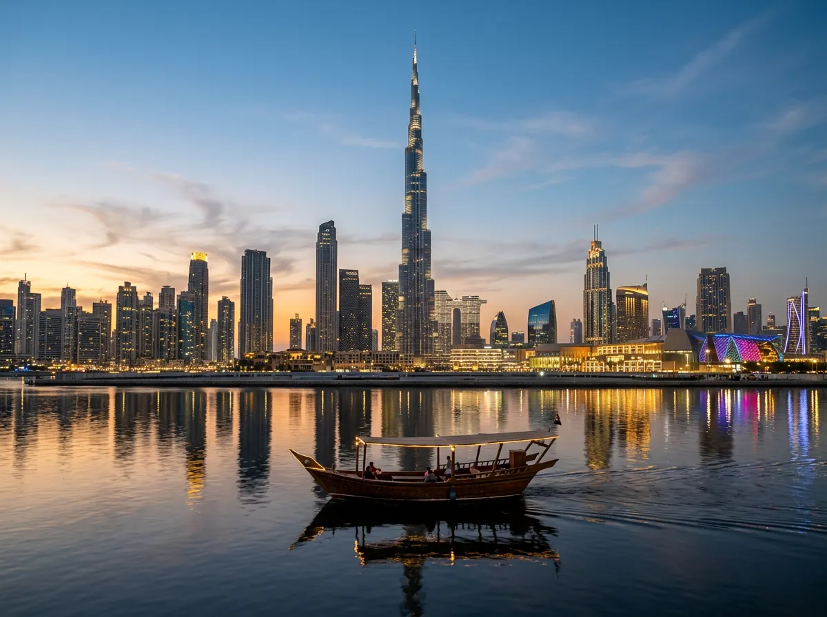 Scenic view of the Dubai skyline with Burj Khalifa prominent, calm water and a traditional boat in the foreground