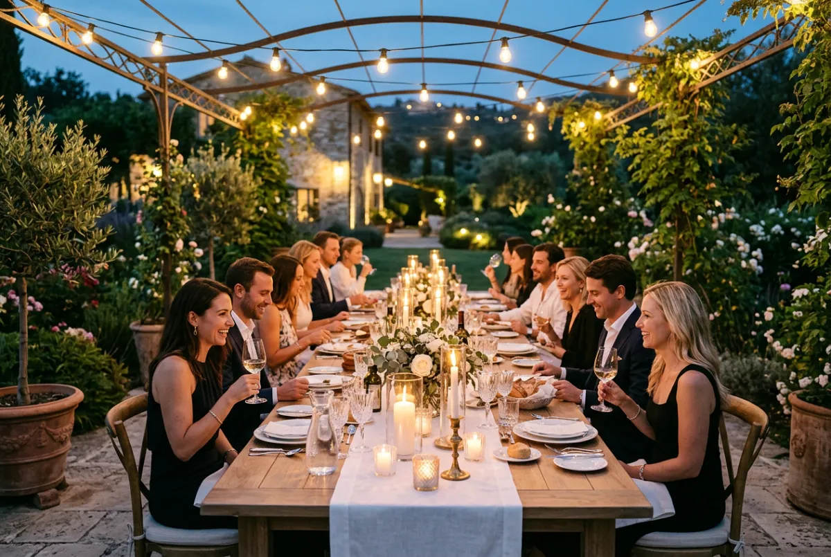 A luxurious private outdoor dinner setting with a long table, glowing candles, and string lights overhead.