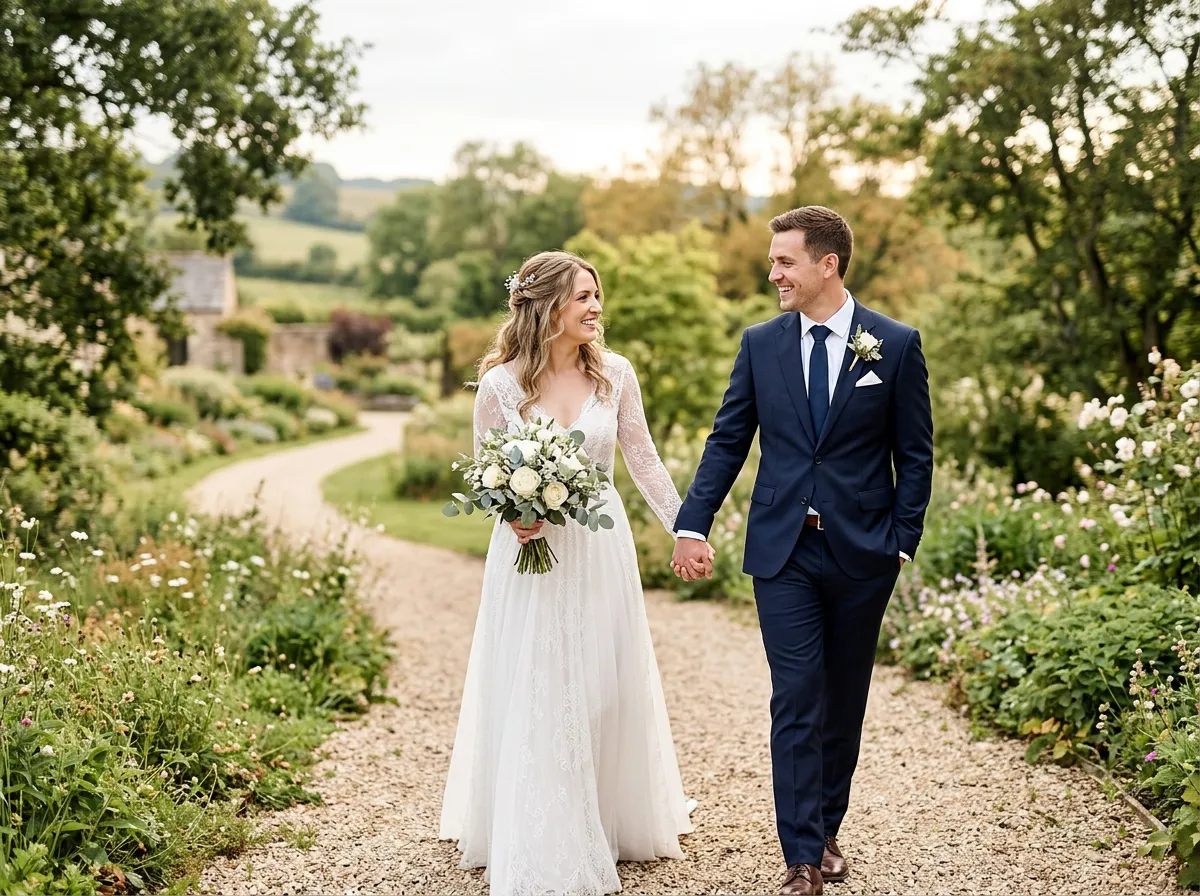 Bride and groom walking outdoors holding hands.