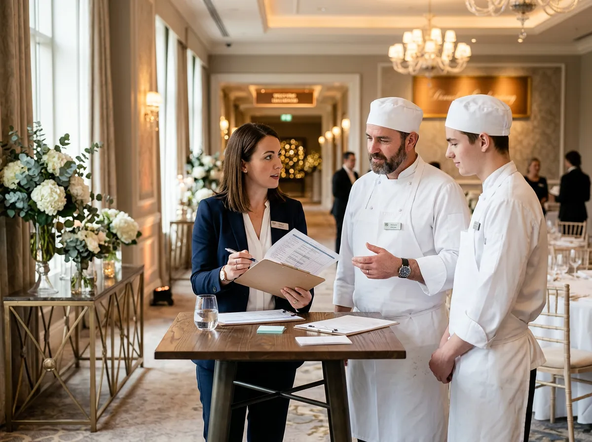 Event management staff, including a coordinator with a clipboard and chefs in white uniforms, discussing plans in an elegantly decorated venue.