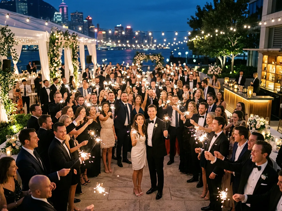 Large elegant party with guests holding sparklers, festive and sophisticated atmosphere.