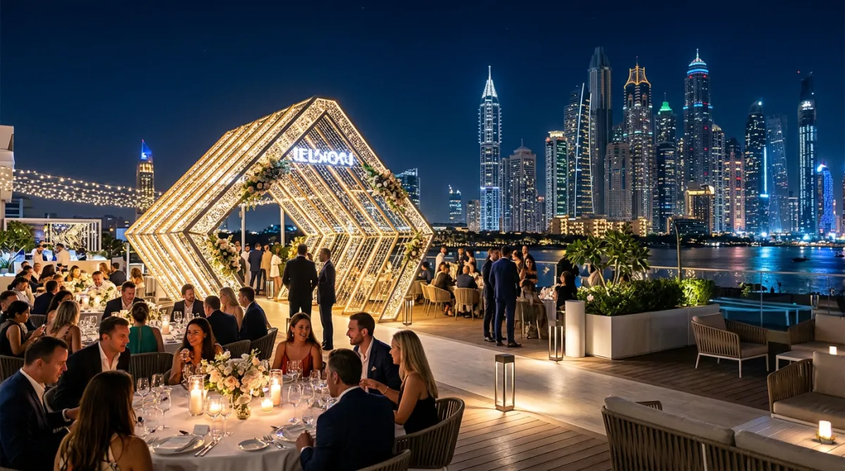 A festive outdoor evening event with a large lit archway, dining tables, and the Dubai skyline illuminated against the night sky.