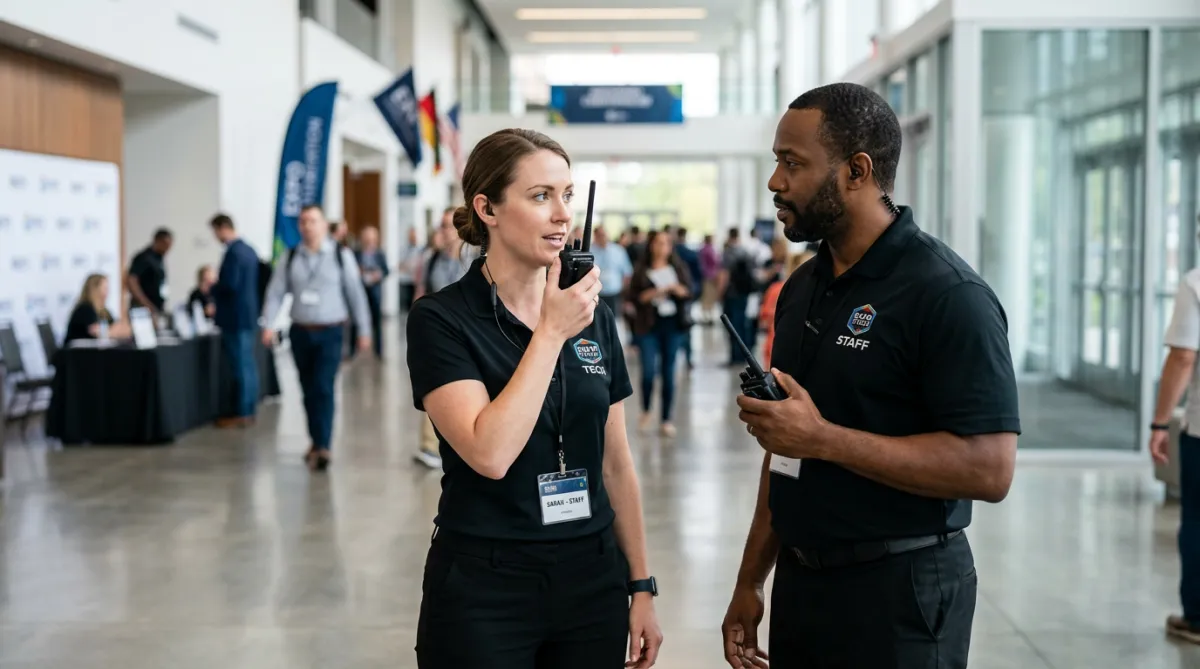 Event day staff communicating on walkie-talkies.