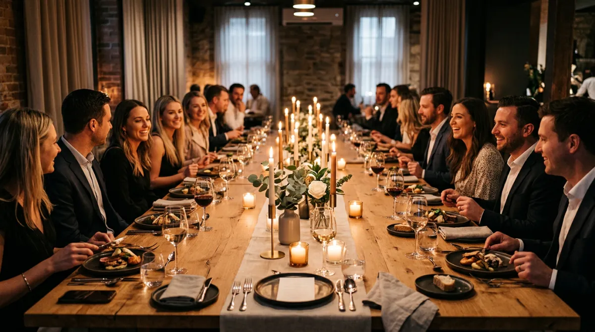 An intimate private dinner setup at a long table with candles and lights.