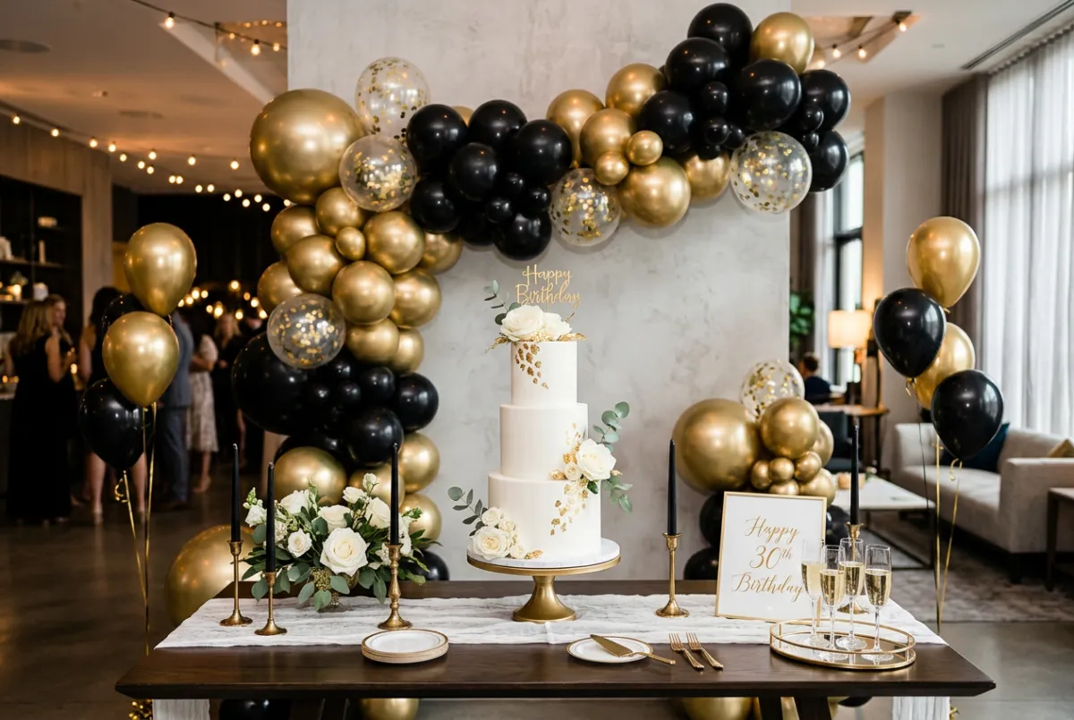 An elegant birthday party setup indoors featuring metallic and black balloons surrounding a tiered white cake.