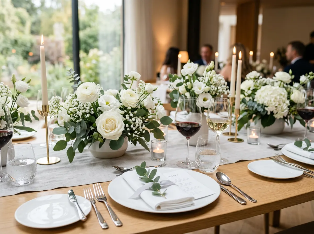 Elegant table setting with white flowers and glassware.