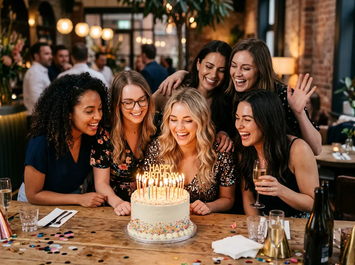 Group of women celebrating at a birthday party, leaning in towards a cake with candles.