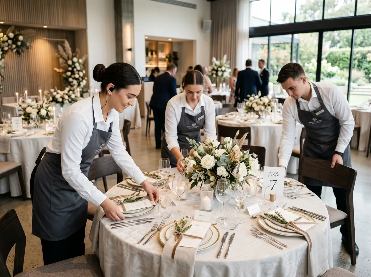 Event team staff in black uniform standing near tables.