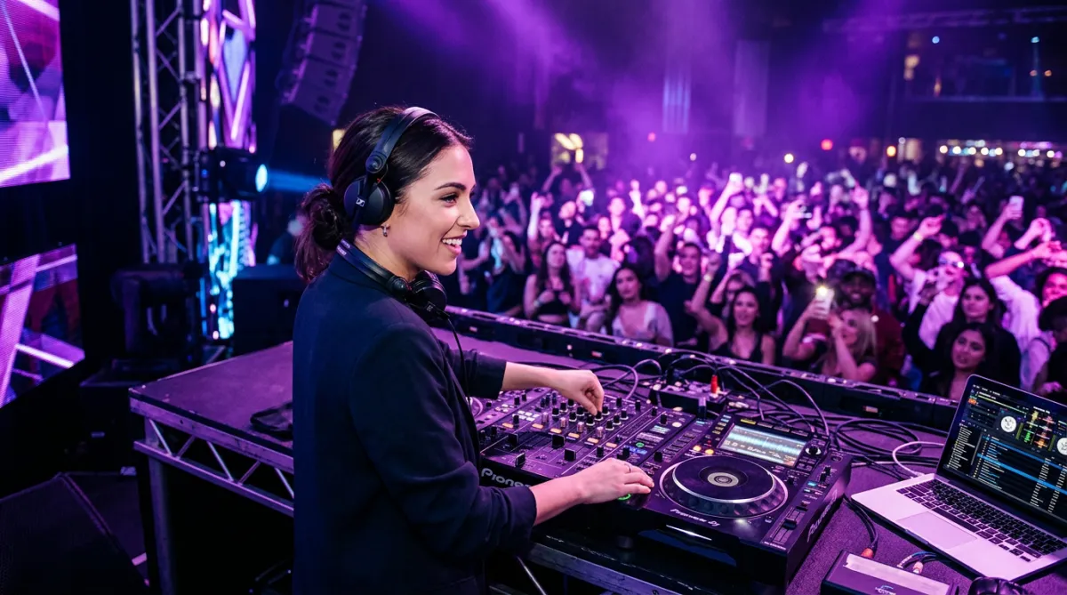 DJ performing at an event with purple lighting.